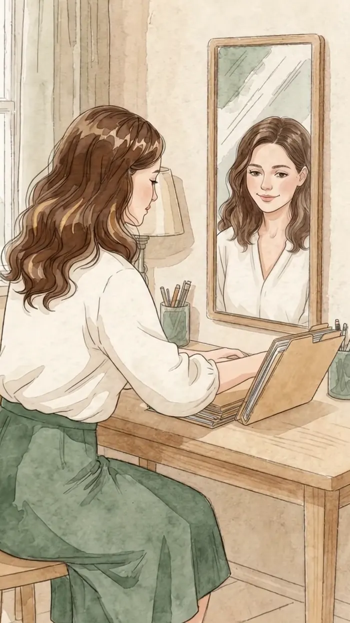 Ilustración en acuarela de una mujer trabajando frente a la pantalla, ante un espejo