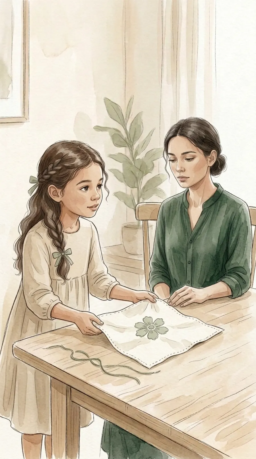 Ilustración en acuarela de una niña que le muestra un bordado a su madre, en la mesa