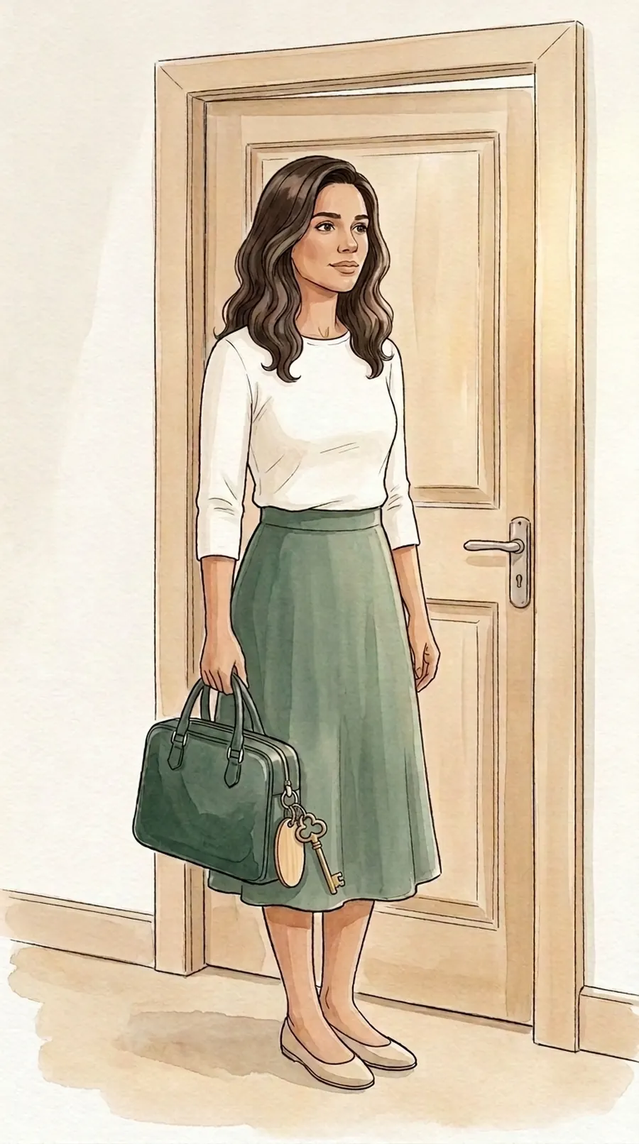 Ilustración en acuarela de una mujer de pie en la puerta de su casa, con expresión serena